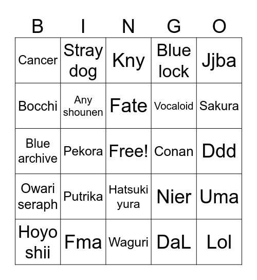 Cosplayer Bingo Card