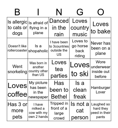 Life Experiences- Find Someone Who... Bingo Card