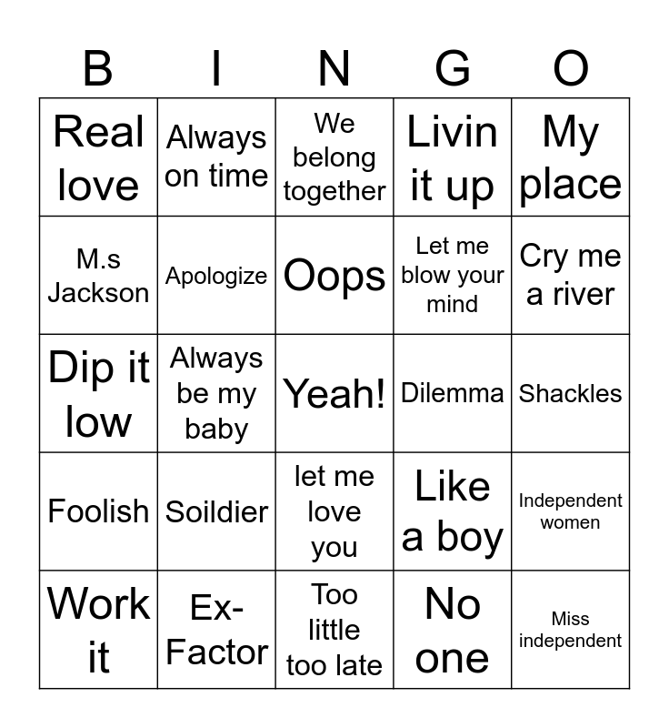 R&B Bingo Card
