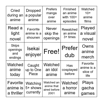 Anime Club Intro Bingo Card