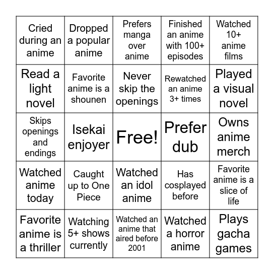 Anime Club Intro Bingo Card