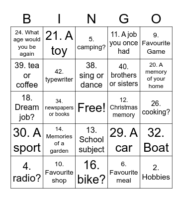 My Life History Bingo Card