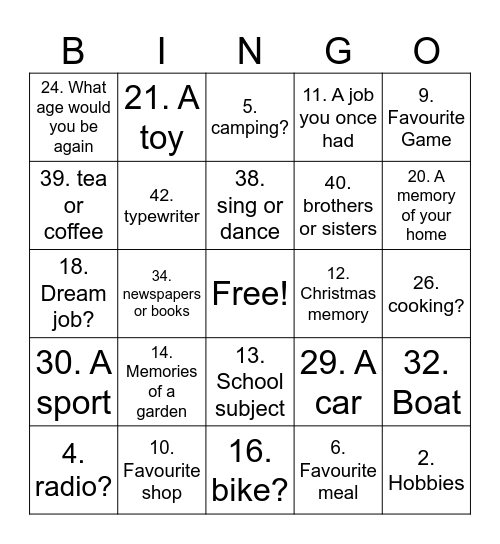 My Life History Bingo Card