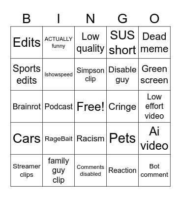 Yt shorts bingo Card