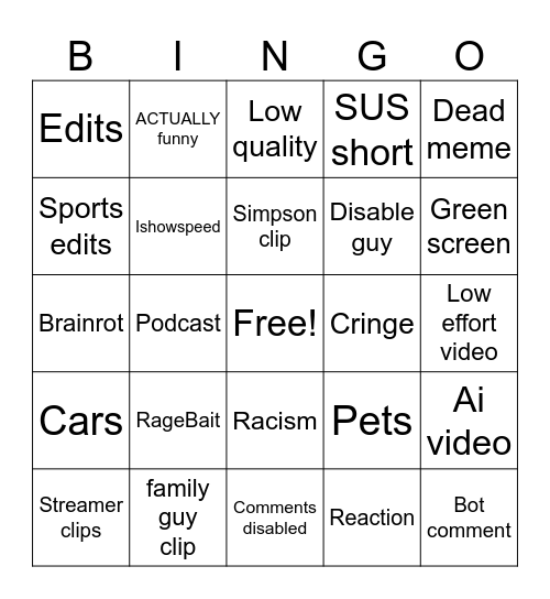 Yt shorts bingo Card