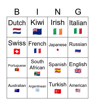 Nationalities Bingo Card