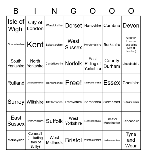 Naughtiest county in England Bingo Card
