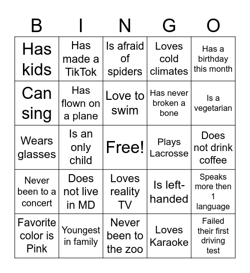 Church Ice Breaker Bingo Card