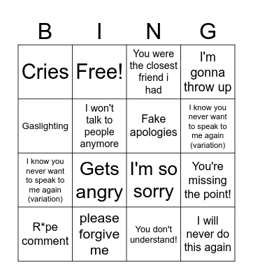 Ash's Fuckass attempt at gaslighting Bingo Card
