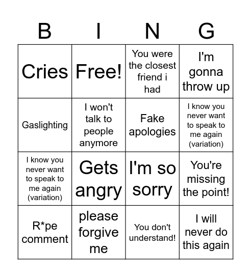 Ash's Fuckass attempt at gaslighting Bingo Card