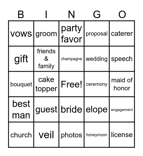 Wedding Bingo Card