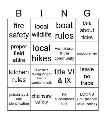 Ranger School Bingo Card