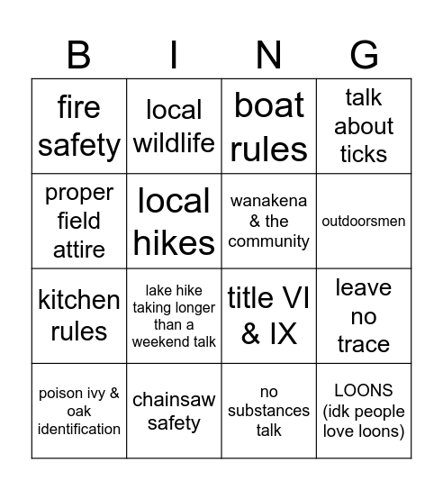 Ranger School Bingo Card