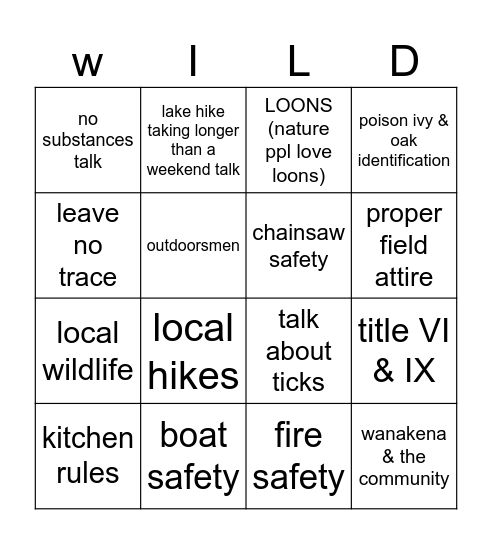 Ranger School Bingo Card