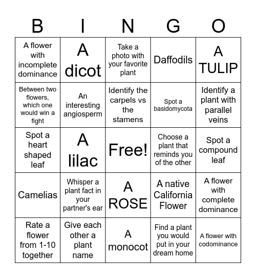 Botanical Garden Date Bingo Card