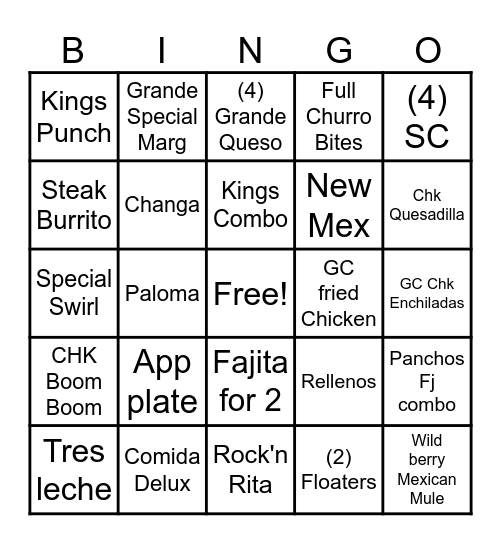 Chuy's Menu Bingo Card