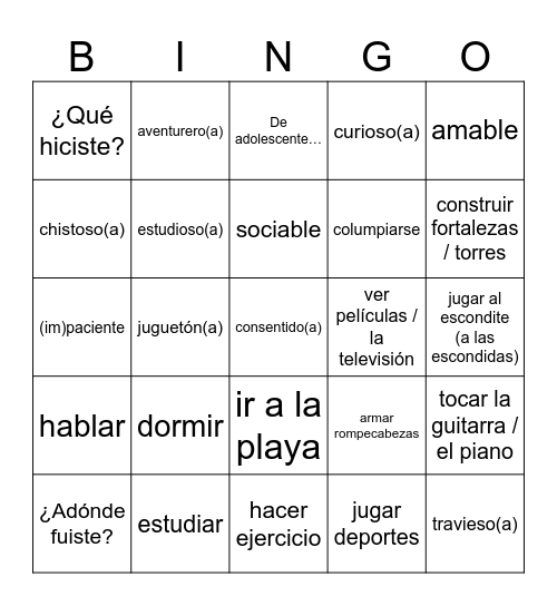 Español 3: Repaso Bingo Card