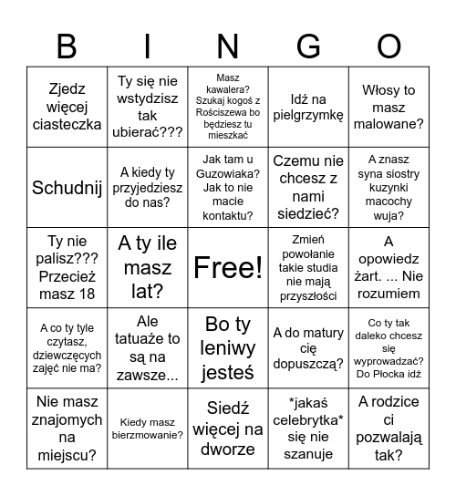 Rozmowy z rodziną Bingo Card