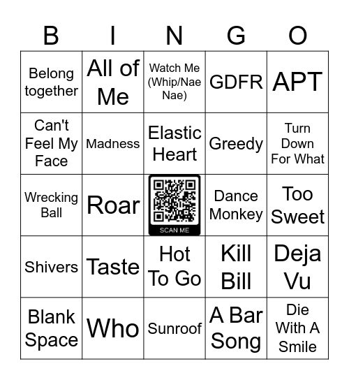 Teeny Bop Pop Music Bingo Card