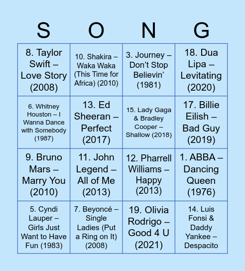 Wedding songs Bingo Card