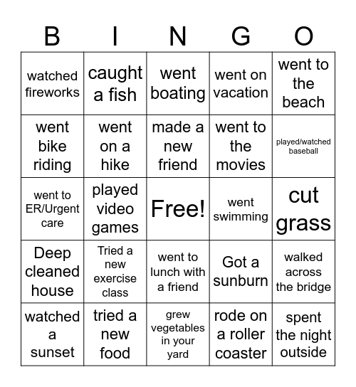 What Did You Do This Summer Bingo Card