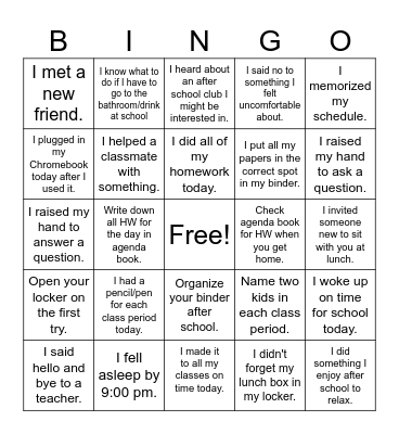 Middle School Bingo Card