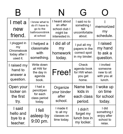 Middle School Bingo Card