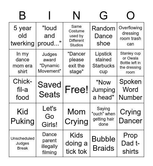 Dance Mom's Bingo Card