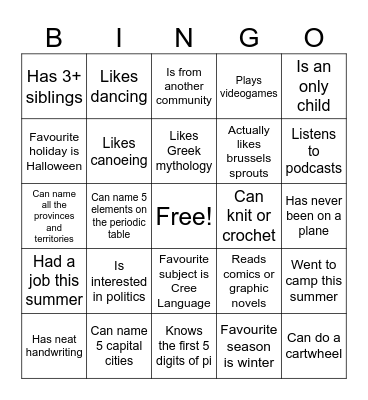 Back to School BINGO Card