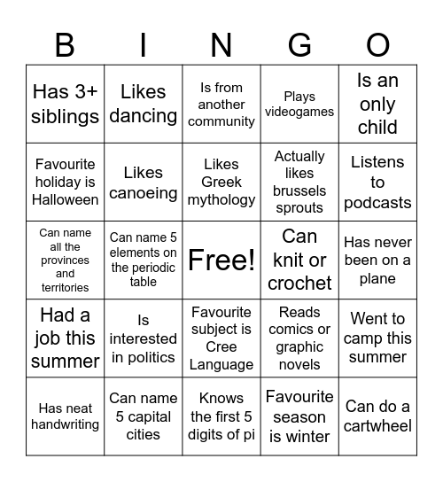 Back to School BINGO Card