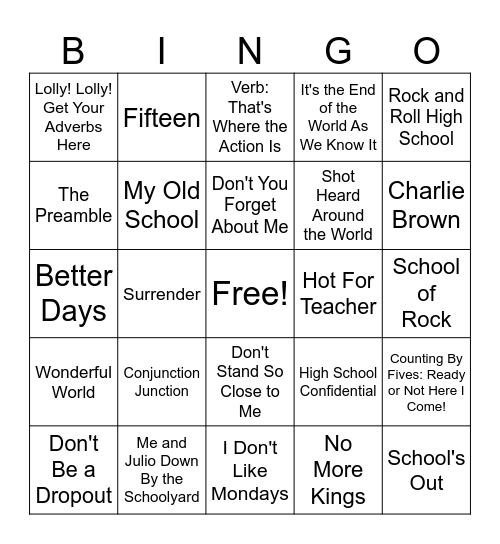 School Daze Bingo Card