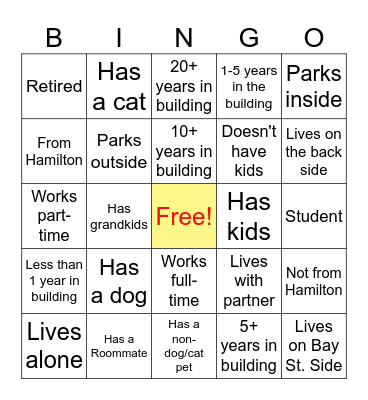150 Bay St. S Neighbours Bingo Card