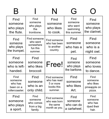 Band and Choir Bingo Card