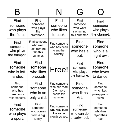 Band and Choir Bingo Card
