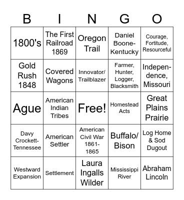 Pioneer Bingo Card