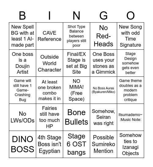 GCP Touhou 20 Bingo Card