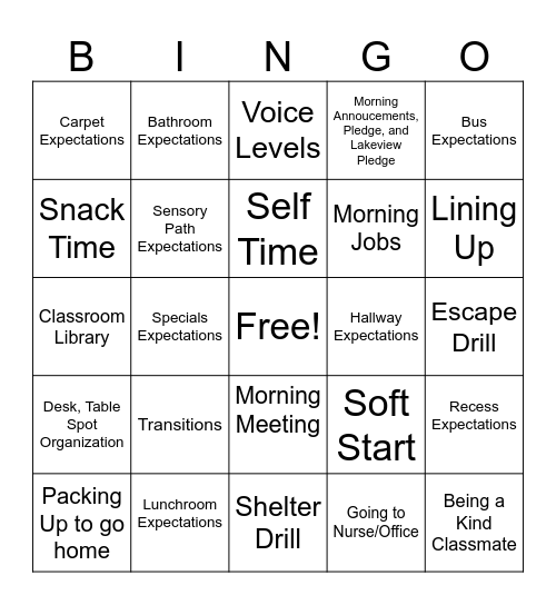Lakeview Expectations and Routines Bingo Card