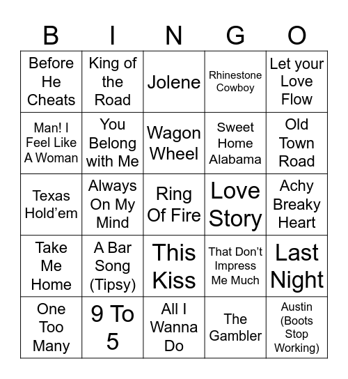 Country Music Bingo Card