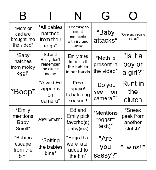 Snake Discovery's Baby Bingo Card Bingo Card