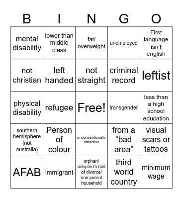 Oppression Bingo Card