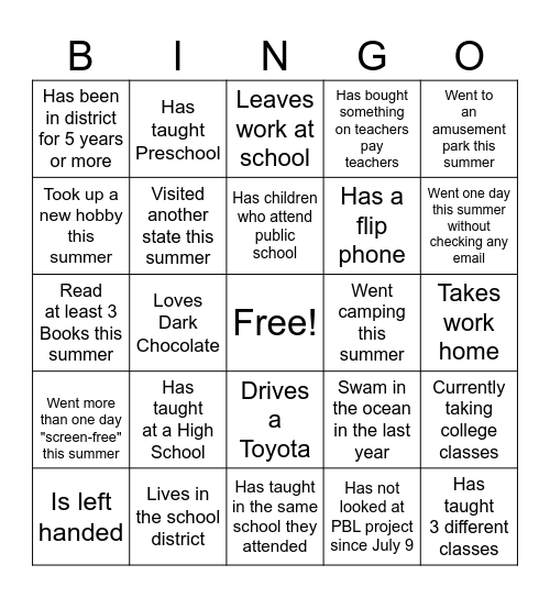 Teacher Bingo Card