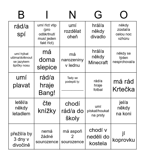 Táborové bingo 2.0 Bingo Card