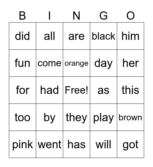 Heart Word Bingo Card