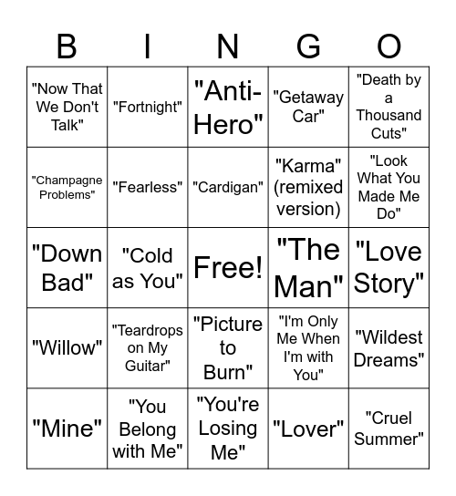 Taylor Swift Bingo Card