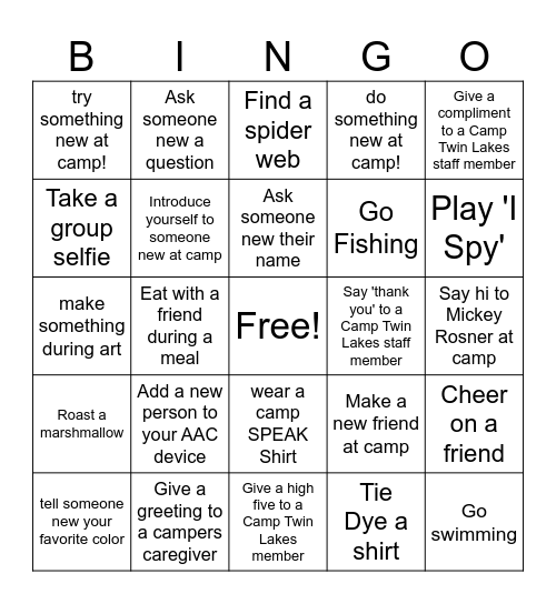 Camp Speak Bingo Card