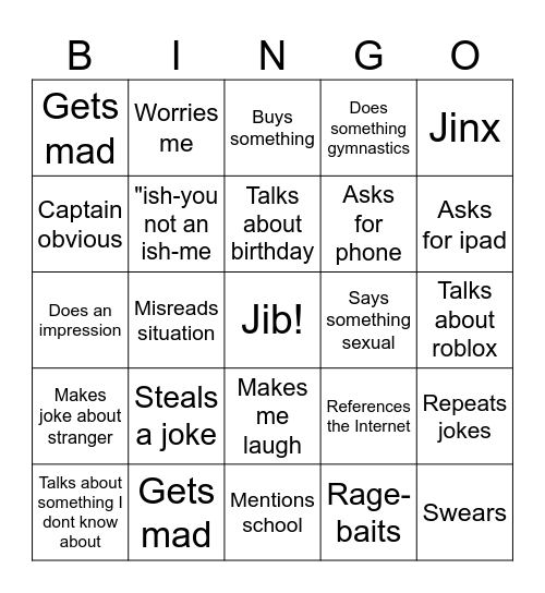 Jacob Bingo Card