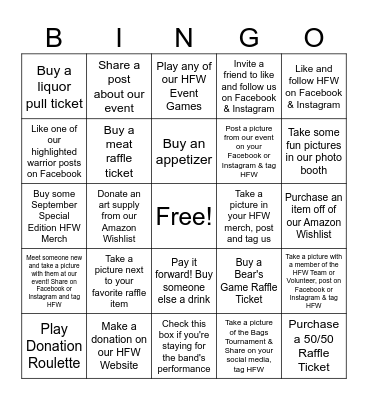 Hope for Warriors Bingo Card