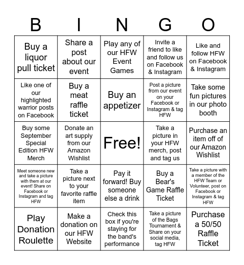 Hope for Warriors Bingo Card