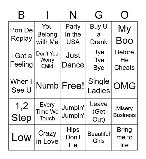 2000 Music Bingo Card
