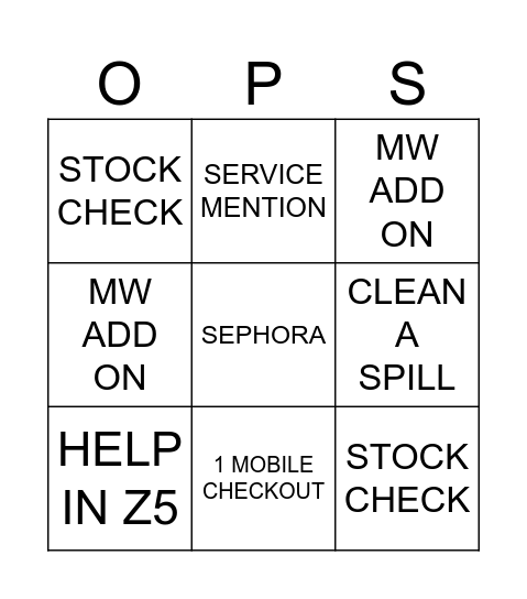 OPS Bingo Card